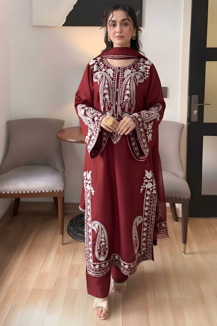 Maroon Embroidered Winter Collection | Premium Ladies 3-Piece Suit