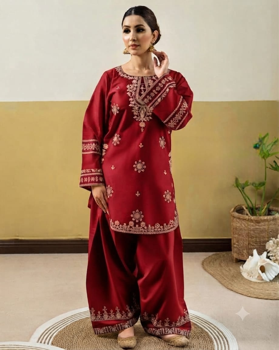 Maroon Embroidered 2-Piece Suit | Premium Winter Collection