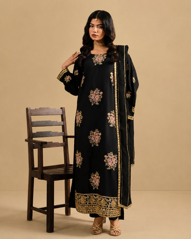 Elegant Black Embroidered Winter 3-Piece Suit | Luxury Festive Collection