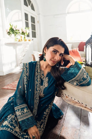 Azure 3PC Dhanak Embroidered Suit