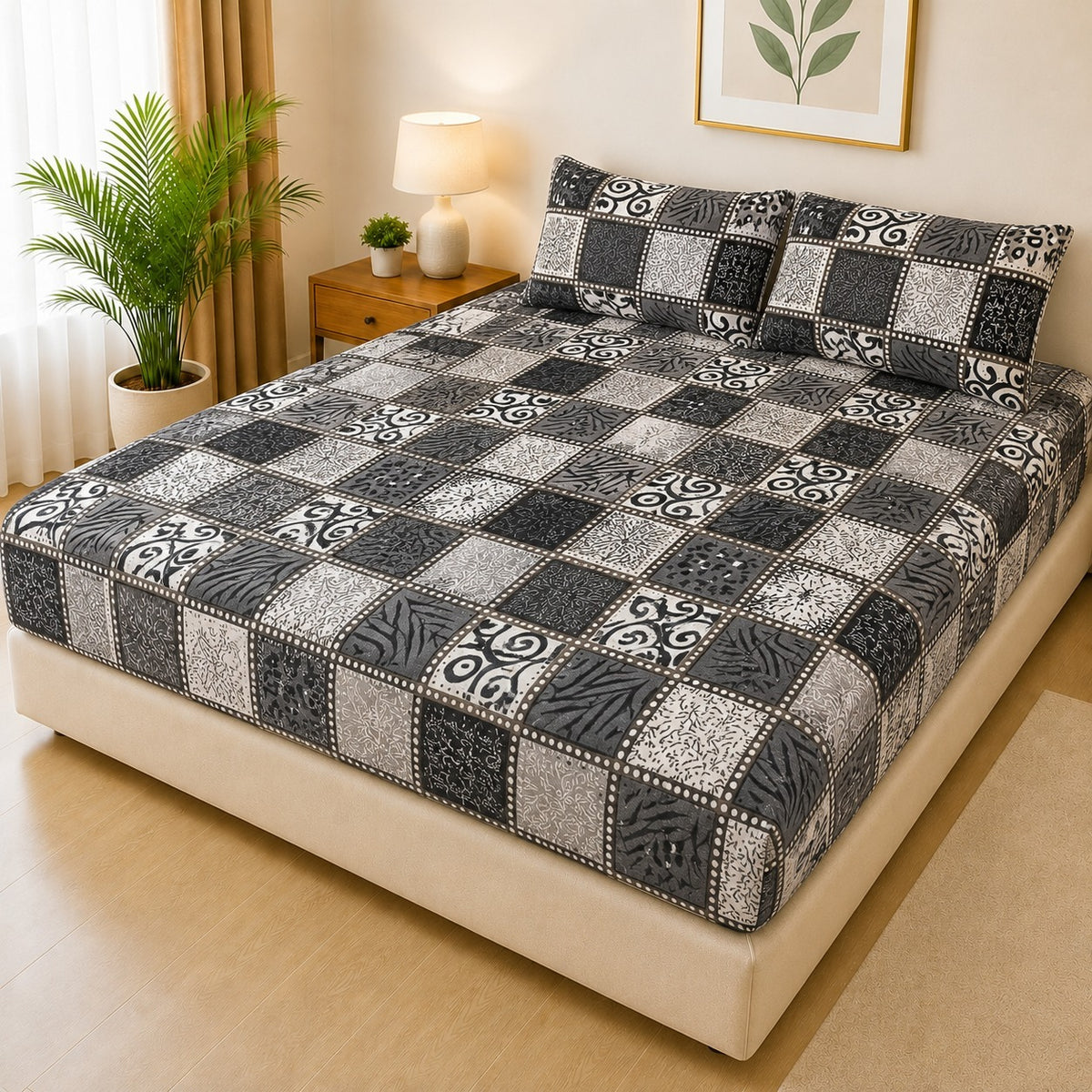 Printed Fancy Quilted Waterproof Mattress Fitted BedSheet With Pillows Covers