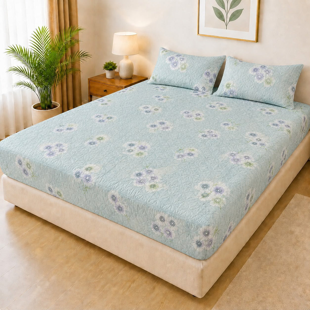 *Printed Fancy Quilted Waterproof Mattress Fitted BedSheet With Pillows Covers