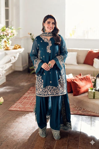 Azure 3PC Dhanak Embroidered Suit