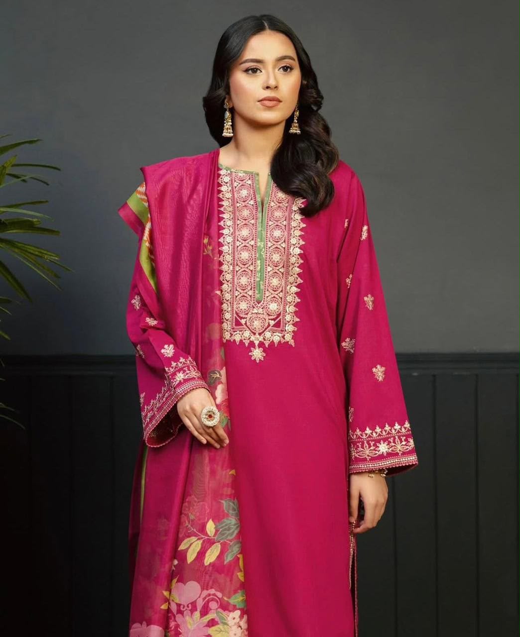 Women’s Embroidered Dhanak Suit 3PC Pink