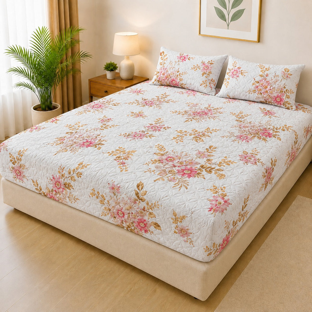*Printed Fancy Quilted Waterproof Mattress Fitted BedSheet With Pillows Covers