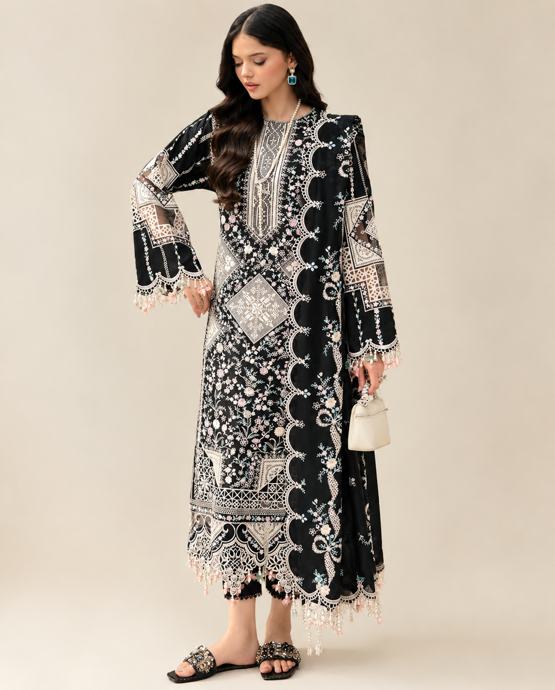 BIN ILYAS-3PC DHANAK HEAVY EMBROIDERED SHIRT WITH DHANAK EMBROIDERED SHAWL & DHANAK TOUSER (unstitched)