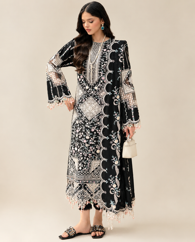 BIN ILYAS-3PC DHANAK HEAVY EMBROIDERED SHIRT WITH DHANAK EMBROIDERED SHAWL & DHANAK TOUSER (unstitched)