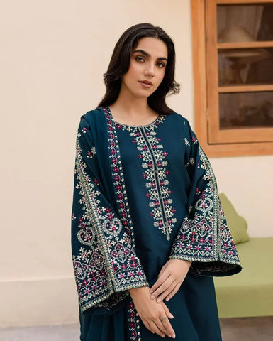 Batik Premium Dhanak Fabric Unstitched 3-Piece Heavy Embroidered Suit with Embroidered Trouser & Pallu Motif Shawl