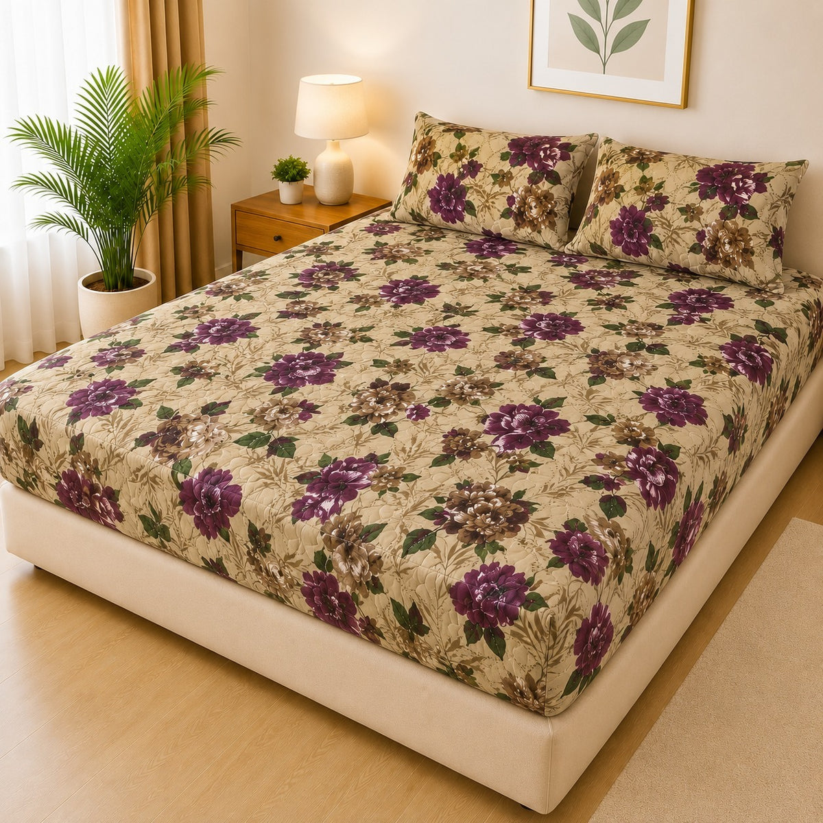 Printed Fancy Quilted Waterproof Mattress Fitted BedSheet With Pillows Covers*