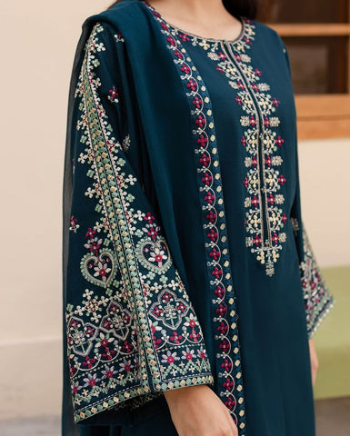 Batik Premium Dhanak Fabric Unstitched 3-Piece Heavy Embroidered Suit with Embroidered Trouser & Pallu Motif Shawl
