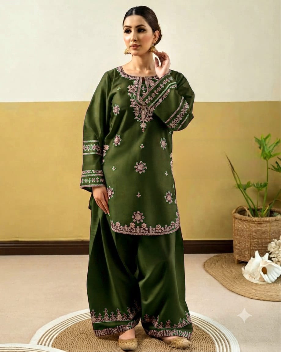 Olive Green Embroidered 2-Piece Suit | Premium Winter Collection
