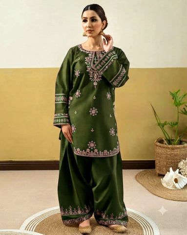 Olive Green Embroidered 2-Piece Suit | Premium Winter Collection