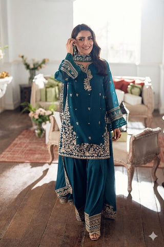 Azure 3PC Dhanak Embroidered Suit