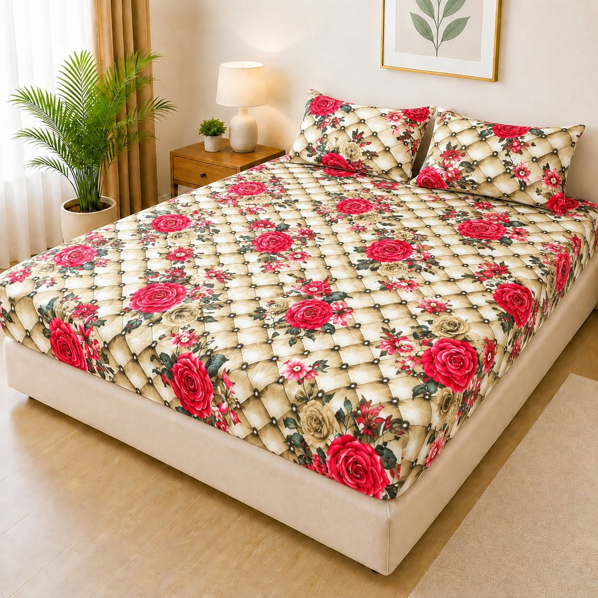 Printed Fancy Quilted Waterproof Mattress Fitted BedSheet With Pillows Covers