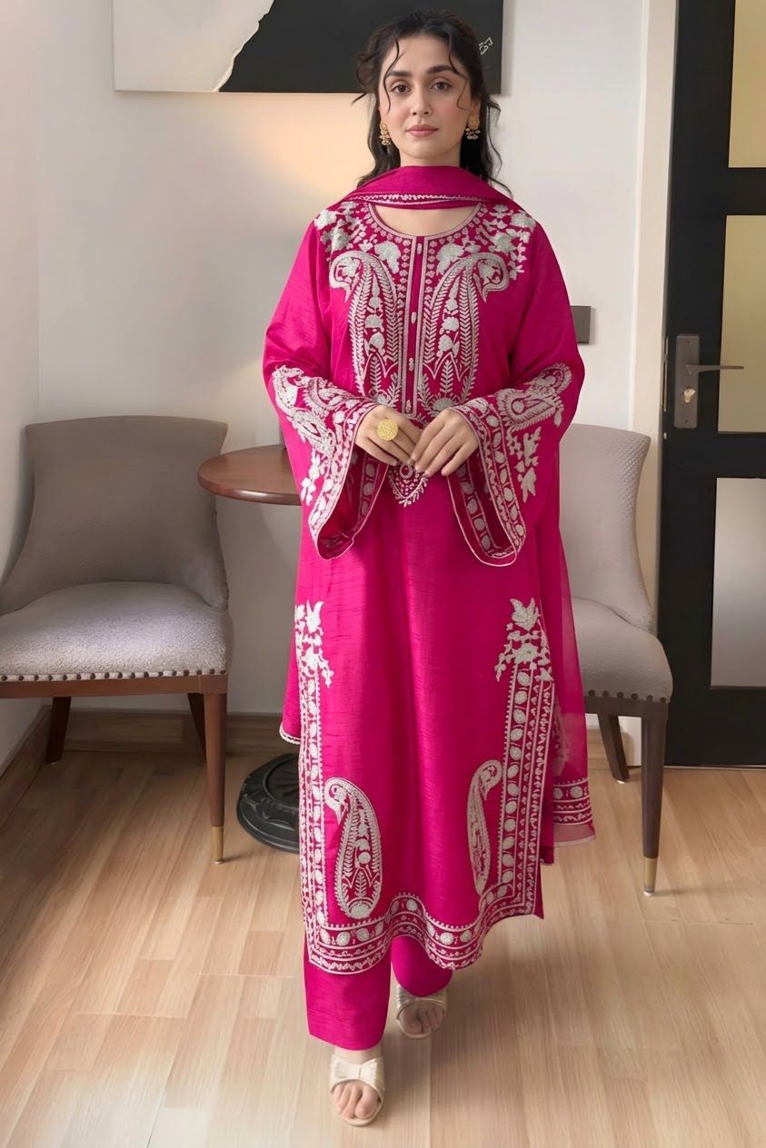 Pink Embroidered Winter Collection| Premium Ladies 3-Piece Suit