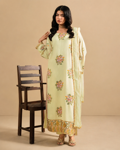Elegant Pastel Floral Embroidered 3-Piece Suit