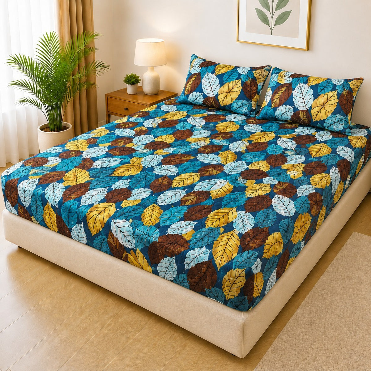 Printed Fancy Quilted Waterproof Mattress Fitted BedSheet With Pillows Covers