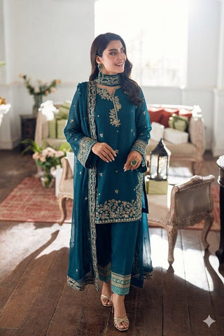 Azure 3PC Dhanak Embroidered Suit