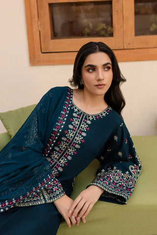 Batik Premium Dhanak Fabric Unstitched 3-Piece Heavy Embroidered Suit with Embroidered Trouser & Pallu Motif Shawl