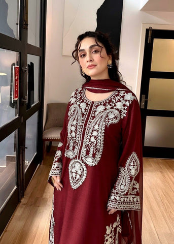 Maroon Embroidered Winter Collection | Premium Ladies 3-Piece Suit