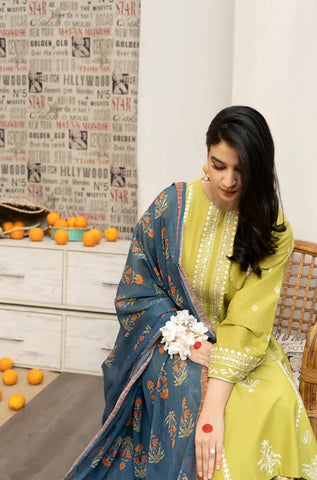 URGE - 3PC DHANAK EMBROIDERED SHIRT WITH TWILL PRINTED SHAWL AND EMBROIDERED TROUSER